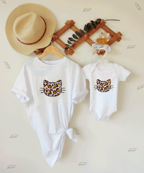 Leopar Desen Kedi Anne&Bebek Kombin