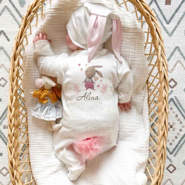 Kalpli Tavşan Kız Bebek Desenli Tavşan Model İsimli 3'lü Tulum Set