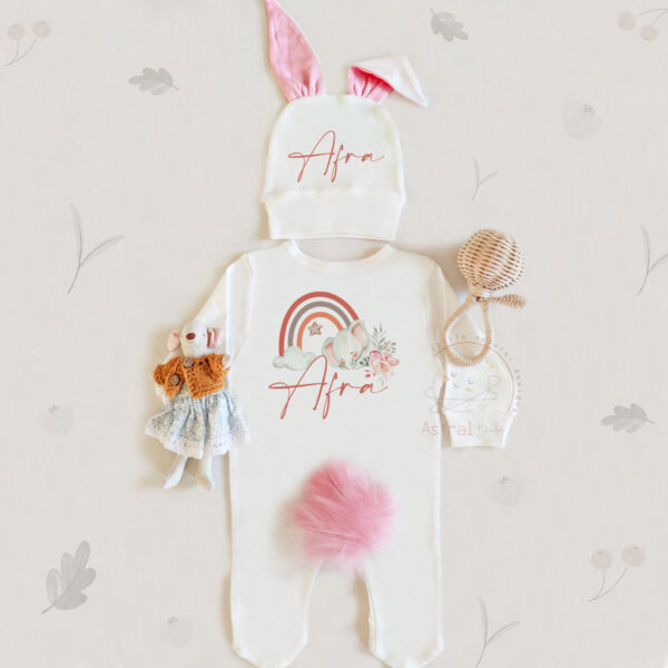 Sevimli Fil ve Gökkuşağı Kız Bebek Desenli Tavşan Model İsimli 3'lü Tulum Set
