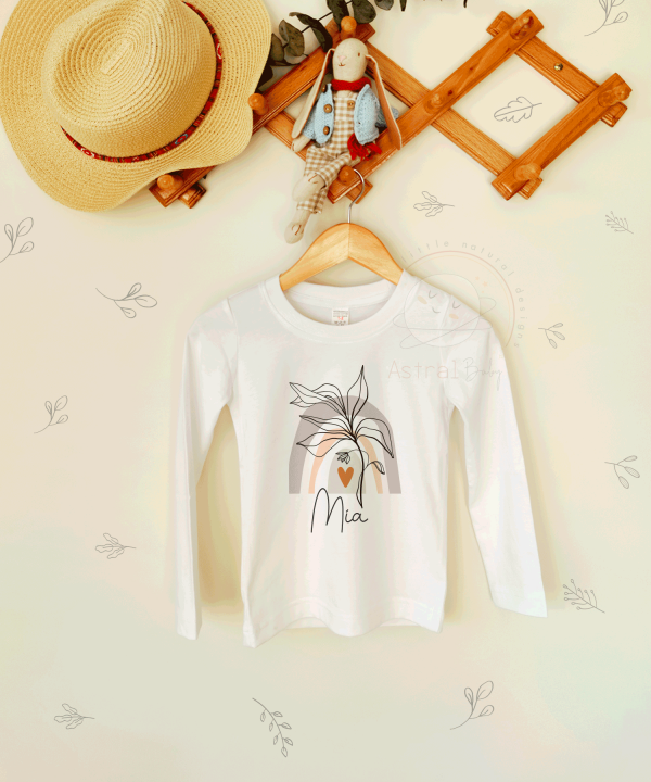 Pastel Tonları Gökkuşağı ve Minimal Yaprak Desenli Çocuk Uzun Kol T-shirt