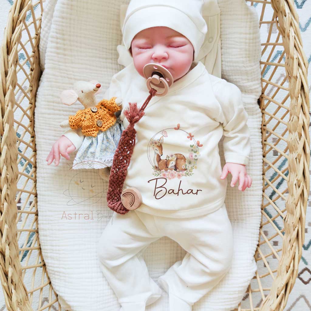 Ceylan Anne ve Bebek Desenli İsimli Organik 5'li Alt-Üst Hastane Çıkışı -  Astral Baby