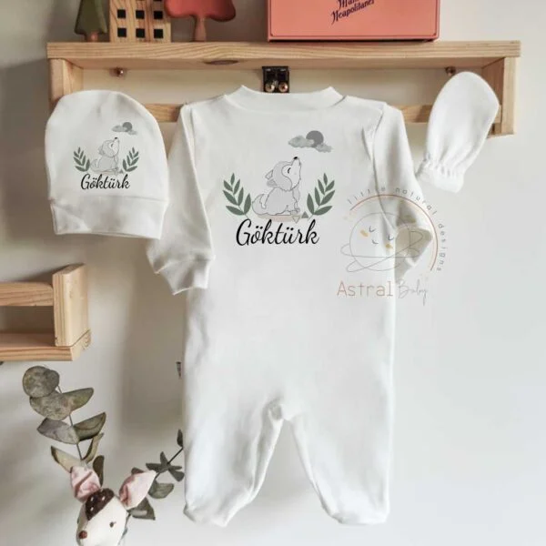 Baby Wolf İsimli Organik Baskılı 3'lü Tulum Set