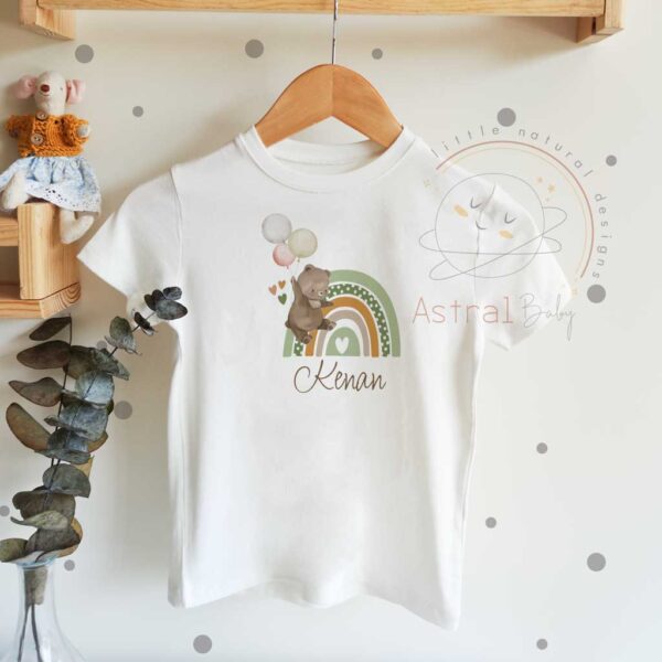 Balonlu Ayıcık ve Gökkuşağı Desenli Desenli Çocuk T-shirt (Unisex Tasarım)