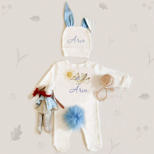 Leylek ve Bebek Mavi Desenli Tavşan Model İsimli 3'lü Tulum Set
