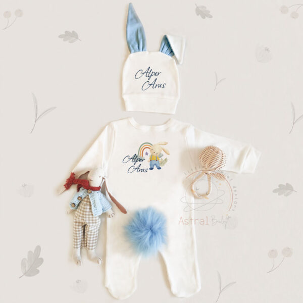 Mavi Tavşan ve Gökkuşağı Desenli Tavşan Model İsimli 3'lü Tulum Set